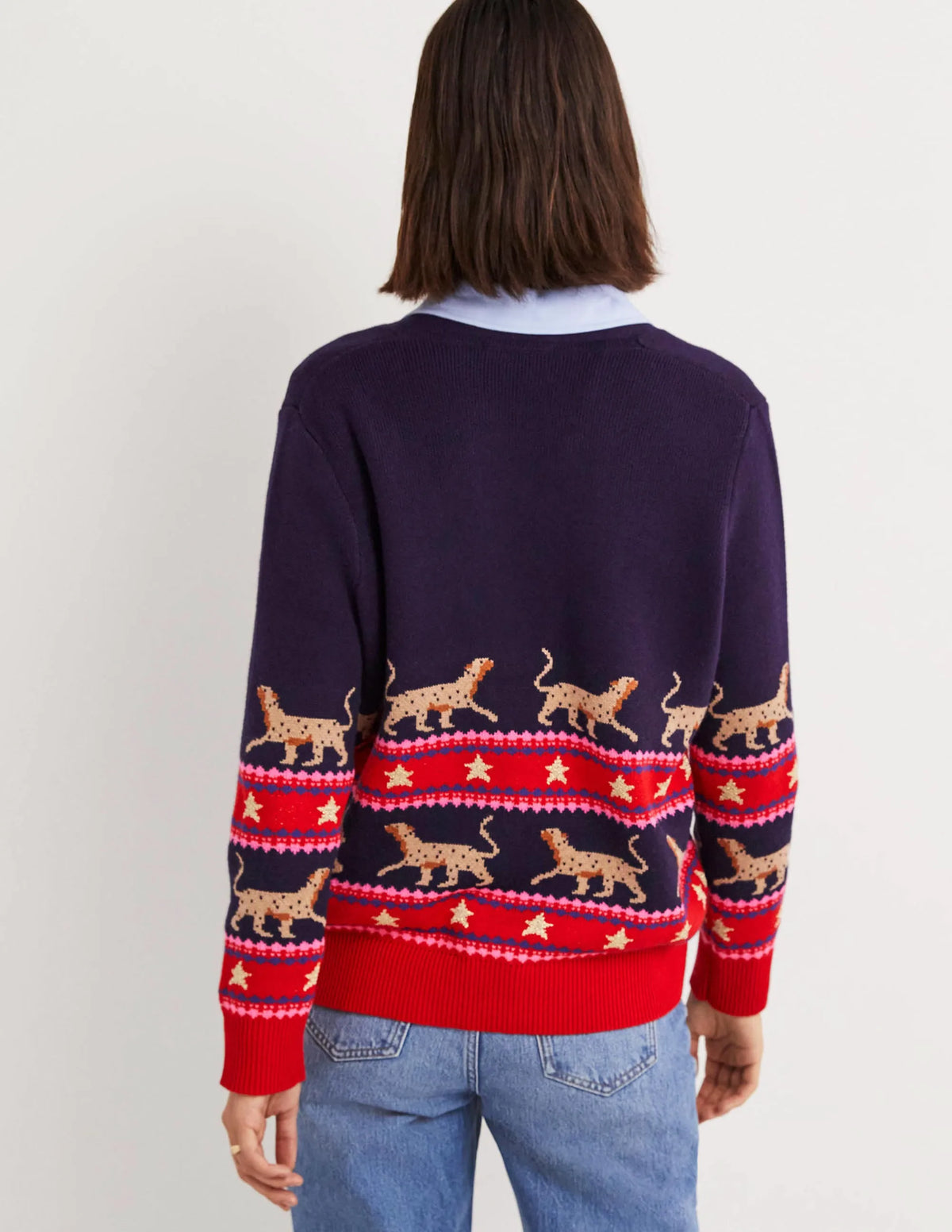 Oversized V-neck Cardigan-Navy Jacquard Leopard