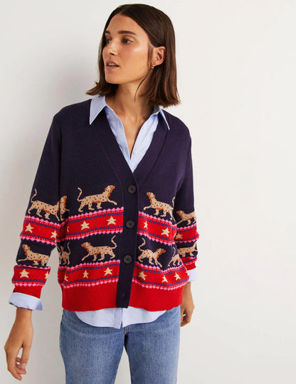 Oversized V-neck Cardigan-Navy Jacquard Leopard