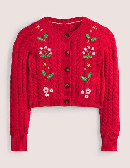 Embroidered Cropped Cardigan-Rockabilly Red Embroidery
