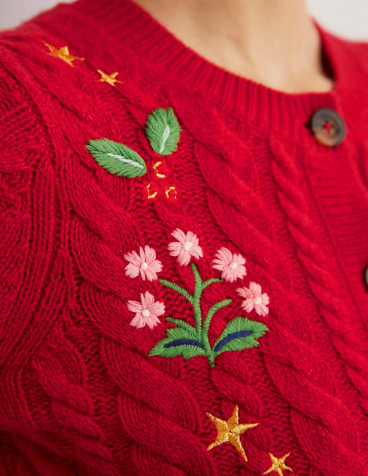 Embroidered Cropped Cardigan-Rockabilly Red Embroidery
