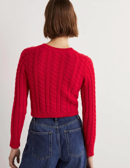 Embroidered Cropped Cardigan-Rockabilly Red Embroidery
