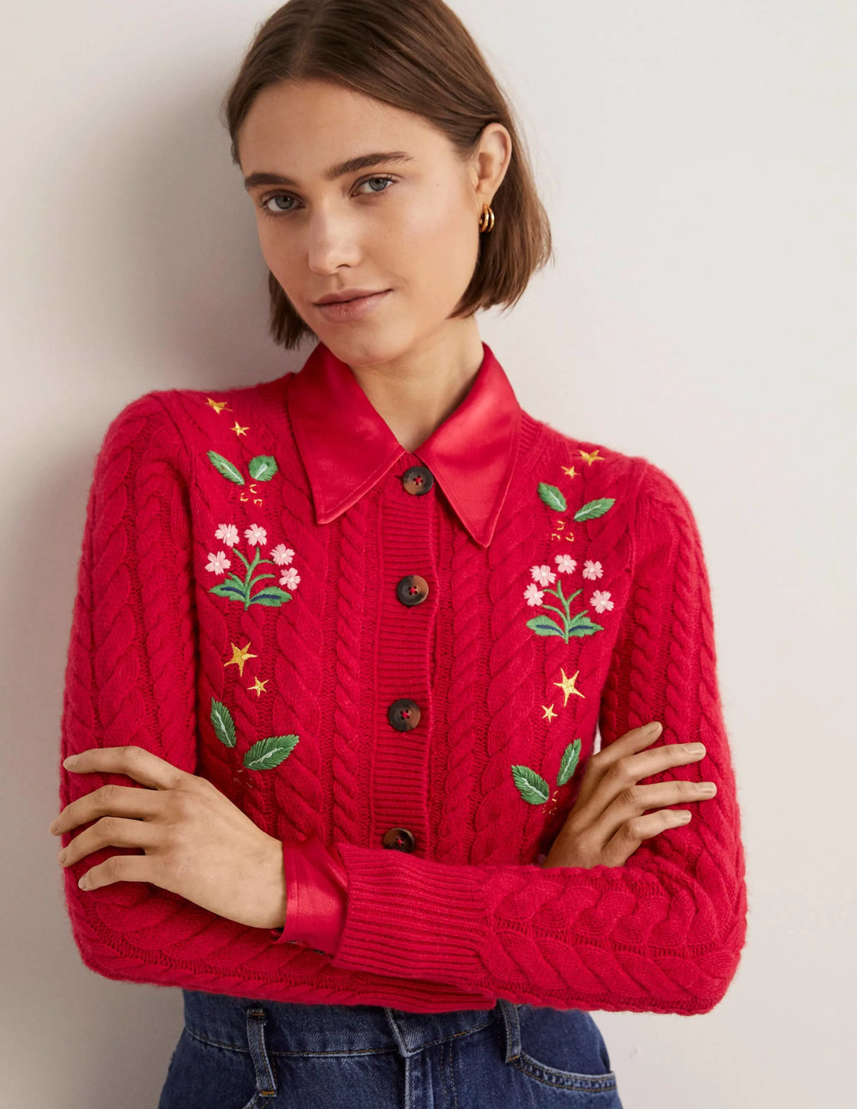 Embroidered Cropped Cardigan-Rockabilly Red Embroidery