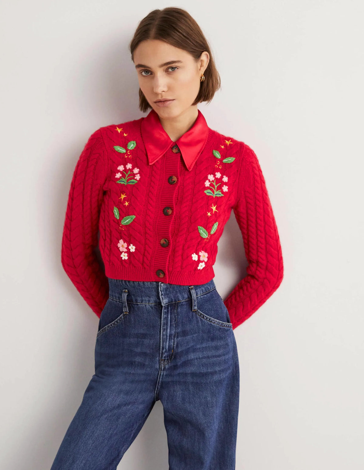 Embroidered Cropped Cardigan-Rockabilly Red Embroidery