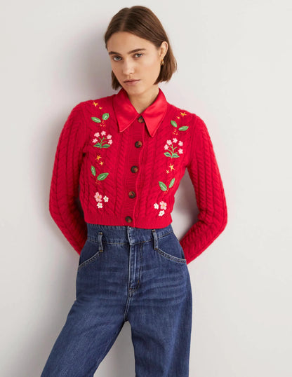 Embroidered Cropped Cardigan-Rockabilly Red Embroidery