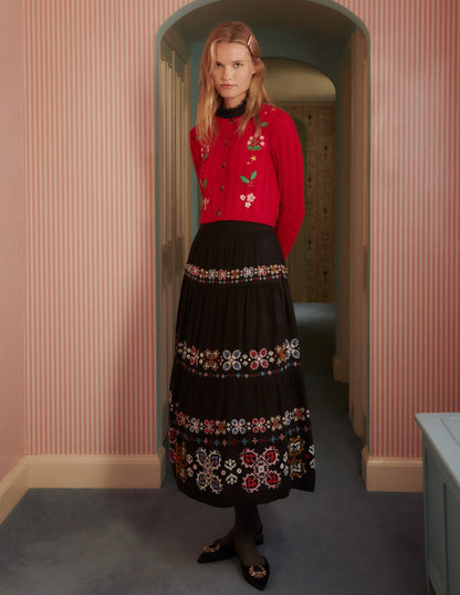Embroidered Cropped Cardigan-Rockabilly Red Embroidery