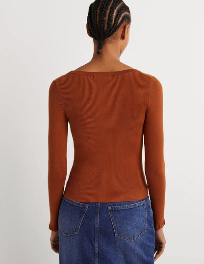 Ribbed Sweetheart Cardigan-Rust