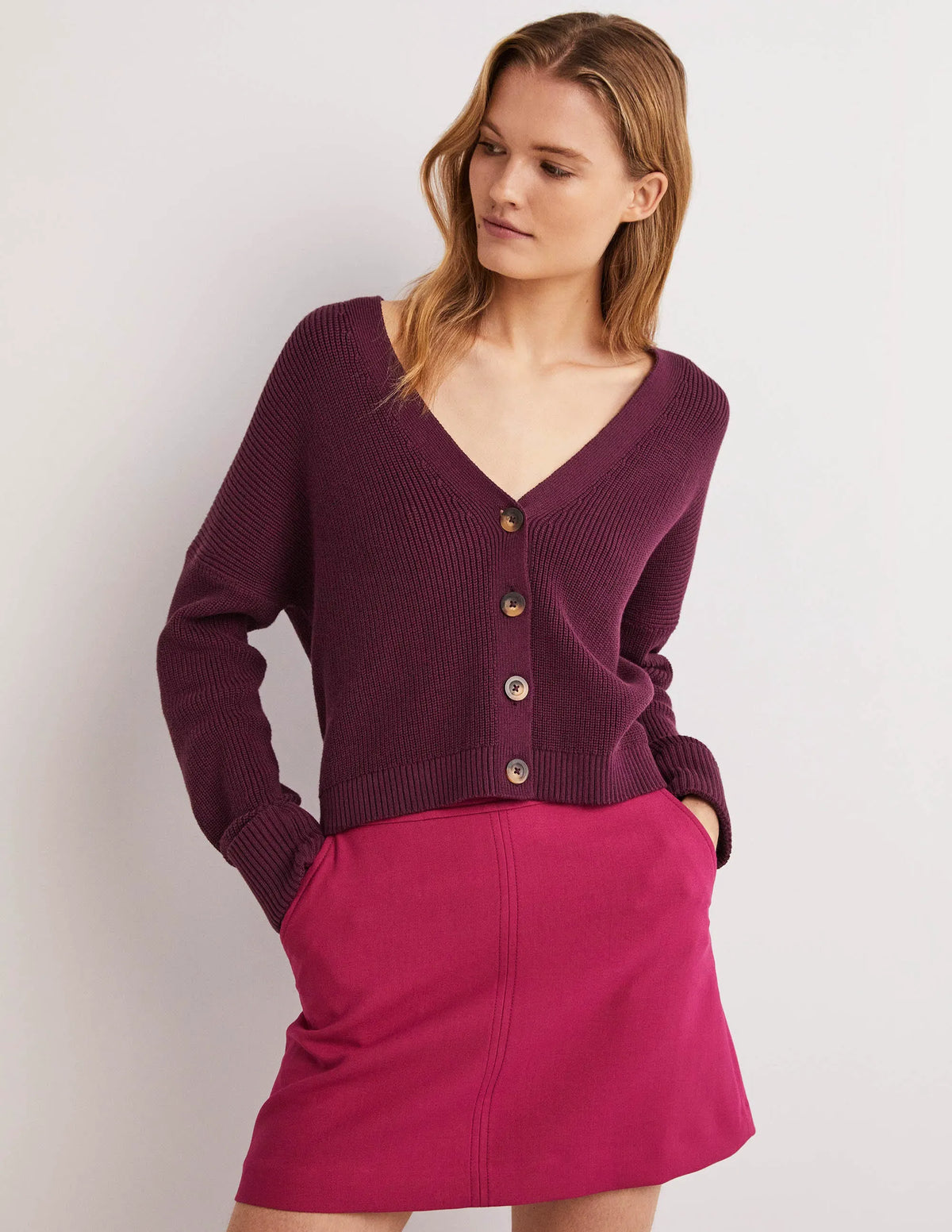 Turn Back Rib Cardigan-Berry