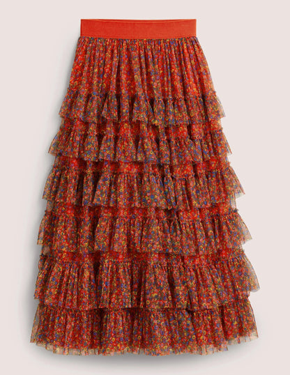 Ruffle Tulle Midi Skirt-Rocket Red, Floral Terrace