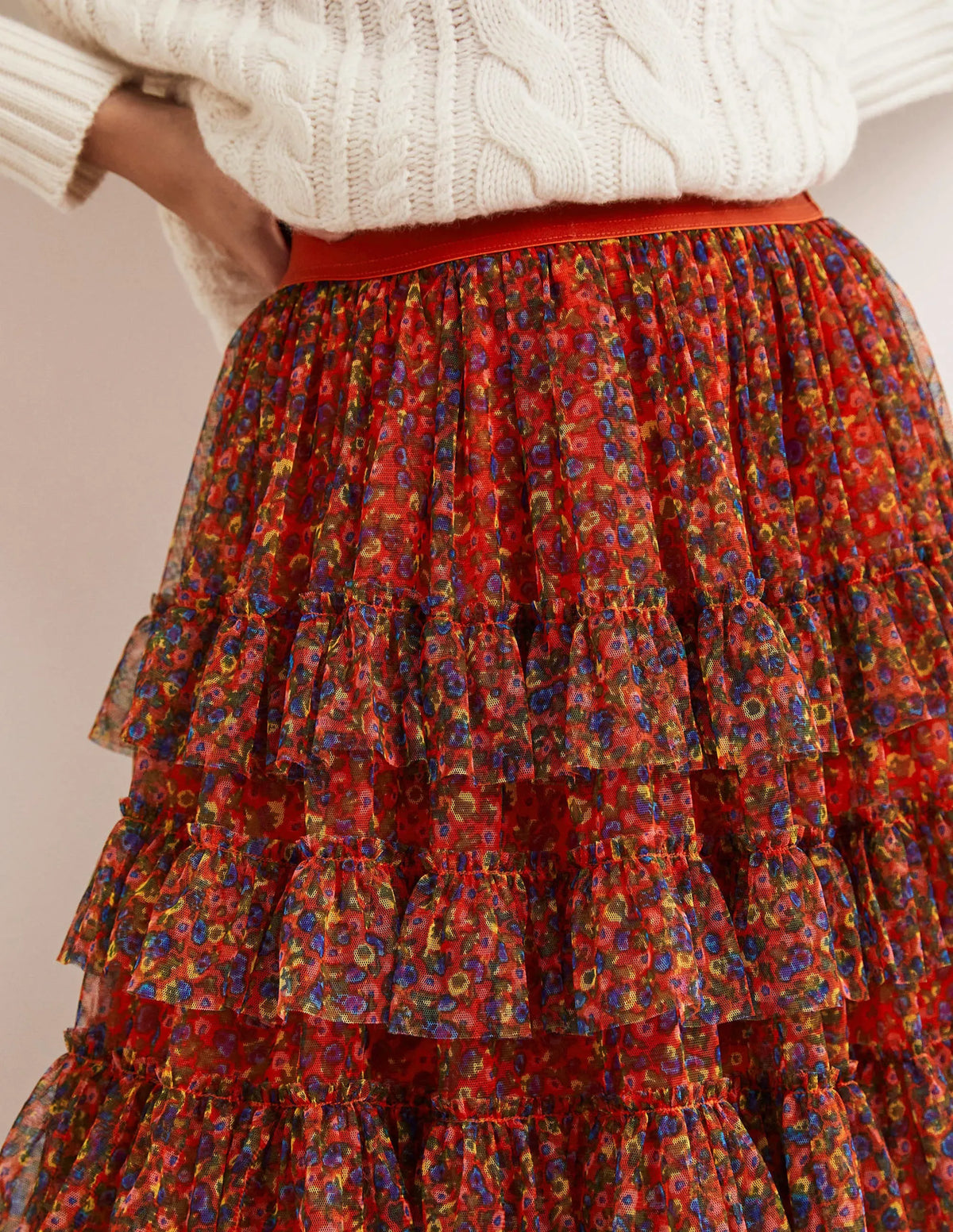 Ruffle Tulle Midi Skirt-Rocket Red, Floral Terrace