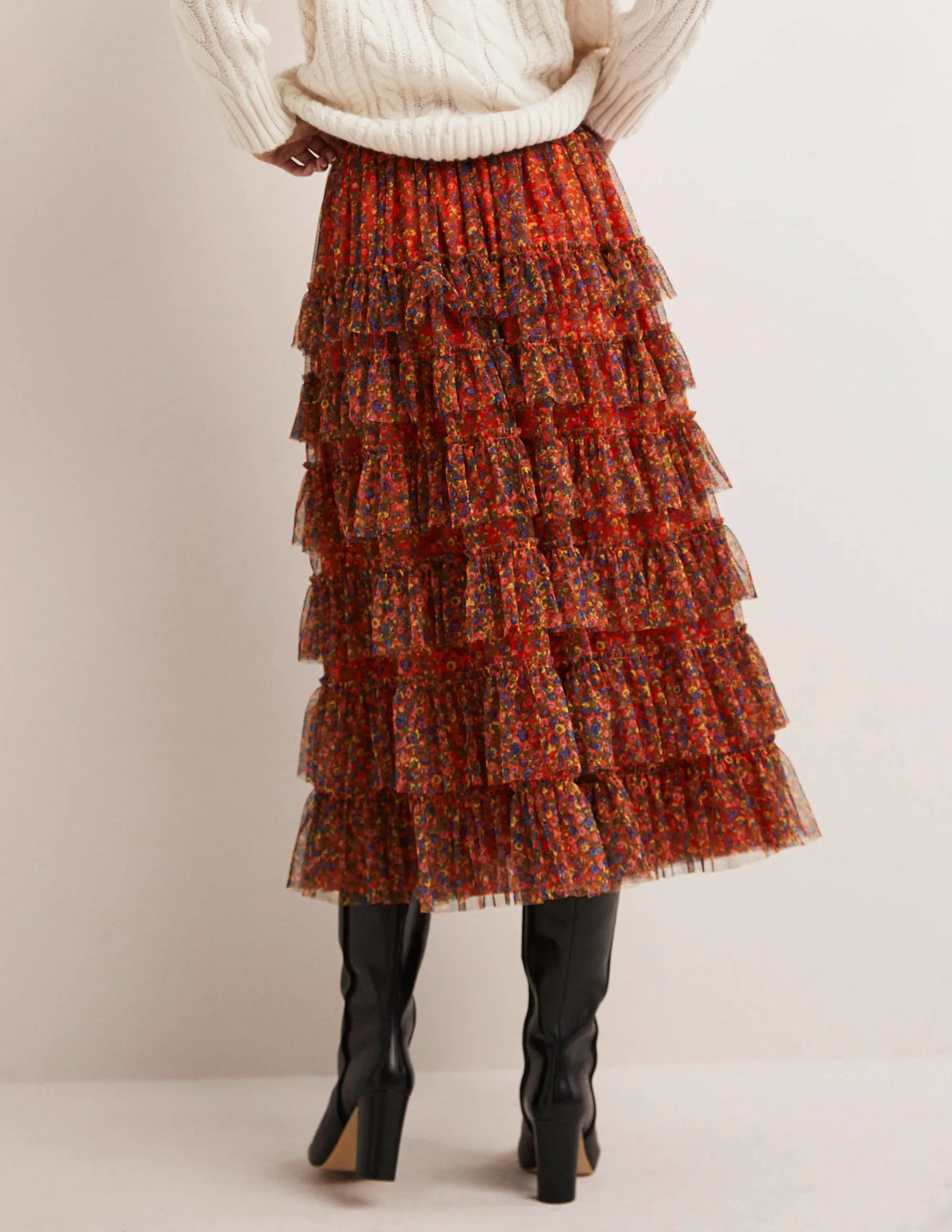 Ruffle Tulle Midi Skirt-Rocket Red, Floral Terrace