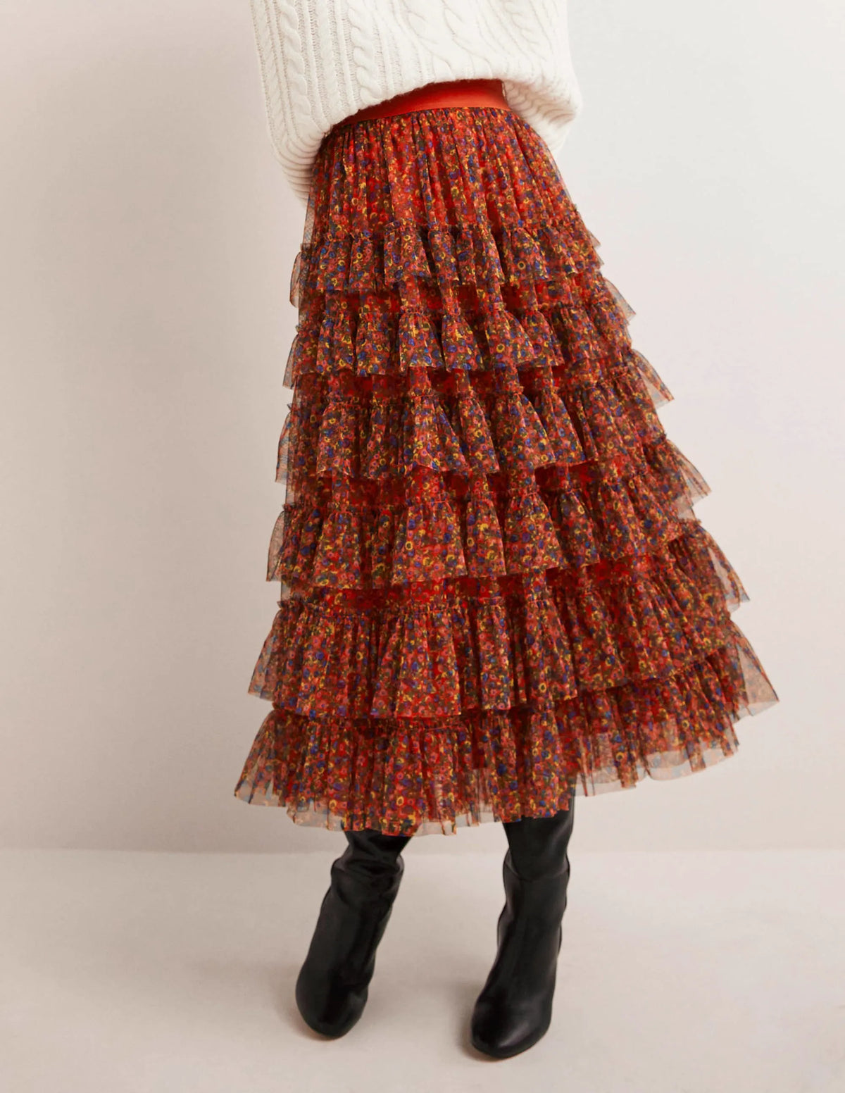 Ruffle Tulle Midi Skirt-Rocket Red, Floral Terrace