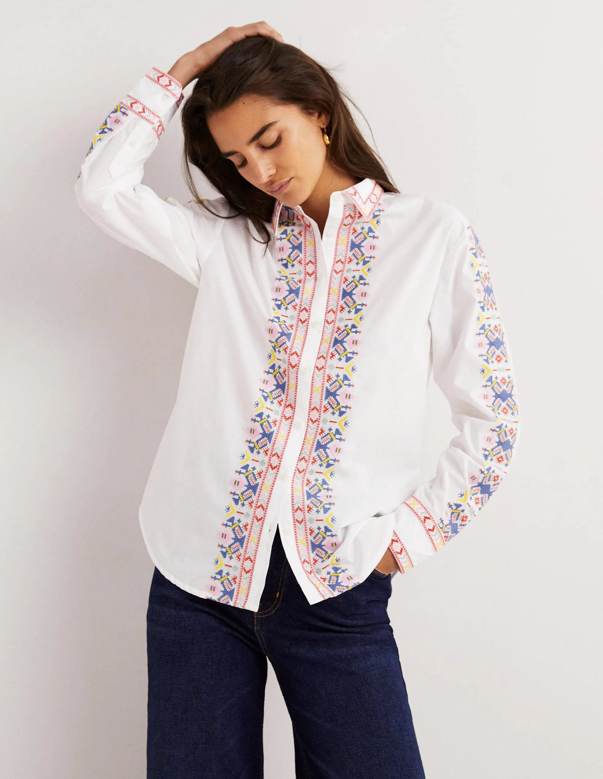 Relaxed Cotton Shirt-White, Embroidered