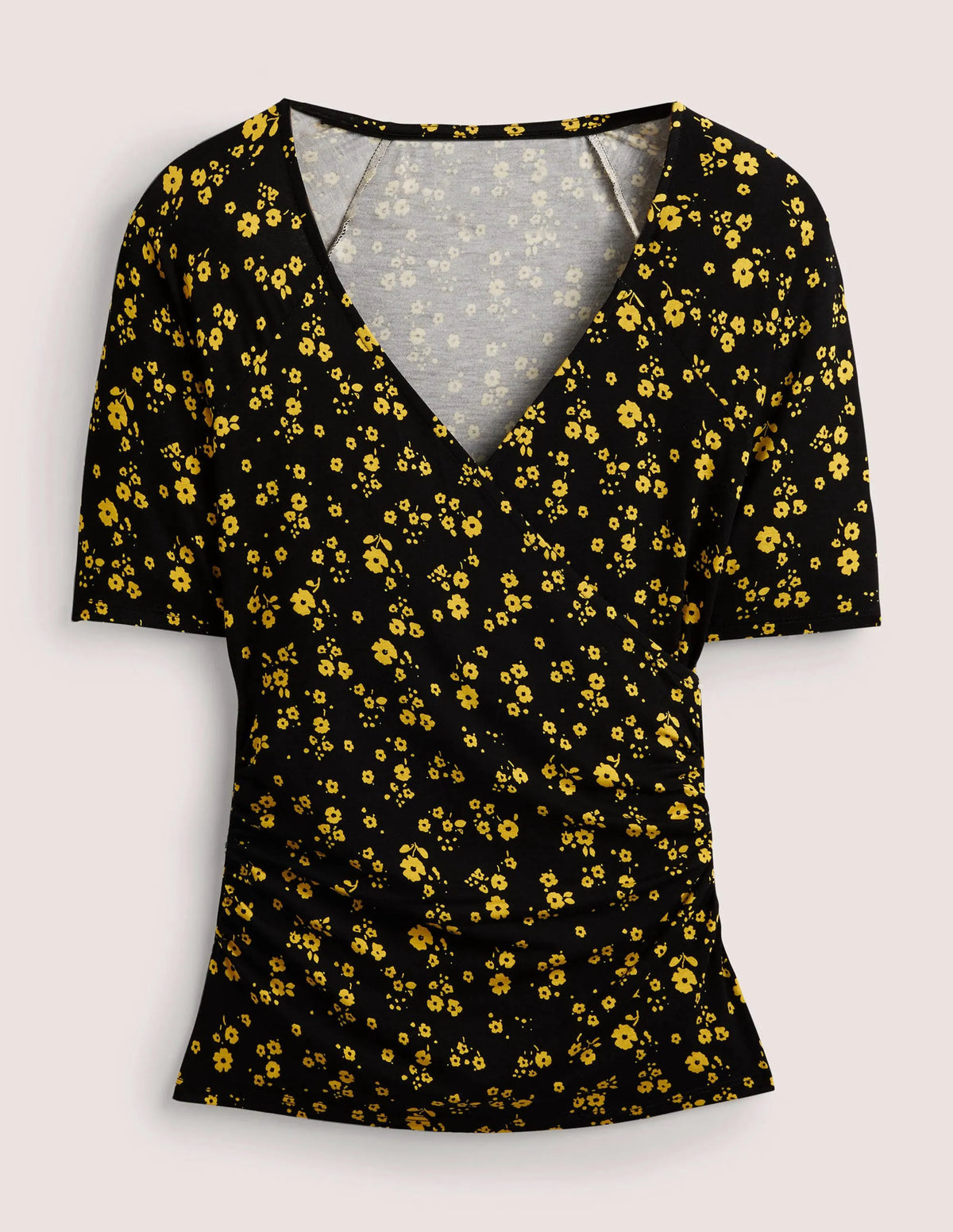 Short Sleeve Wrap Top-Black, Floral Sprig