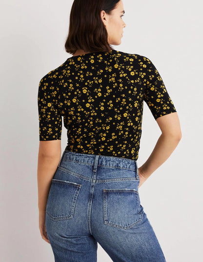 Short Sleeve Wrap Top-Black, Floral Sprig