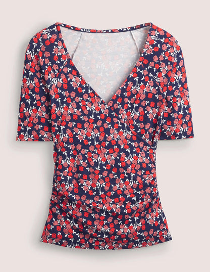 Short Sleeve Wrap Top-Cherry Red, Abstract Sprig
