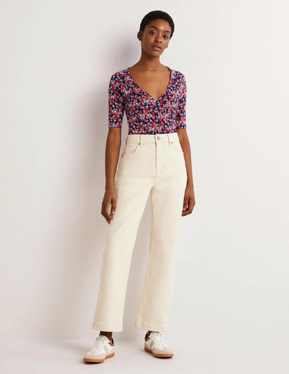 Short Sleeve Wrap Top-Cherry Red, Abstract Sprig
