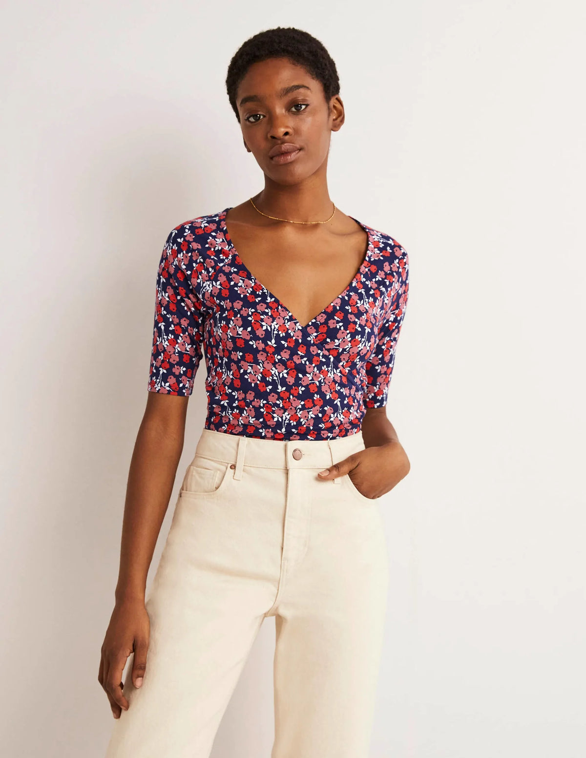 Short Sleeve Wrap Top-Cherry Red, Abstract Sprig
