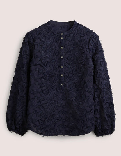 Textured Popover Blouse-Navy