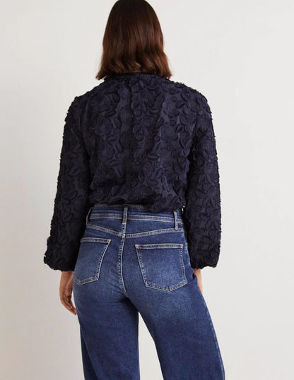 Textured Popover Blouse-Navy