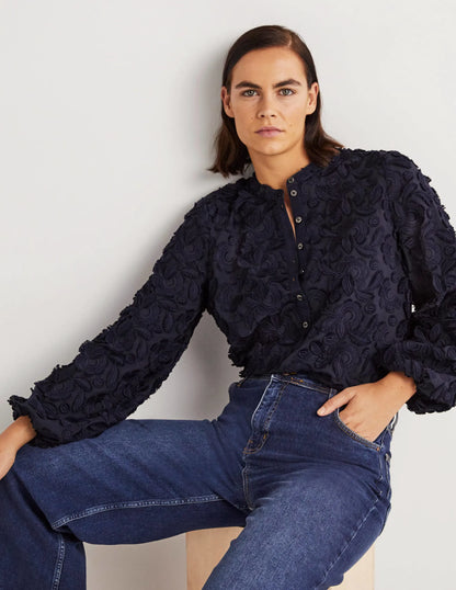 Textured Popover Blouse-Navy