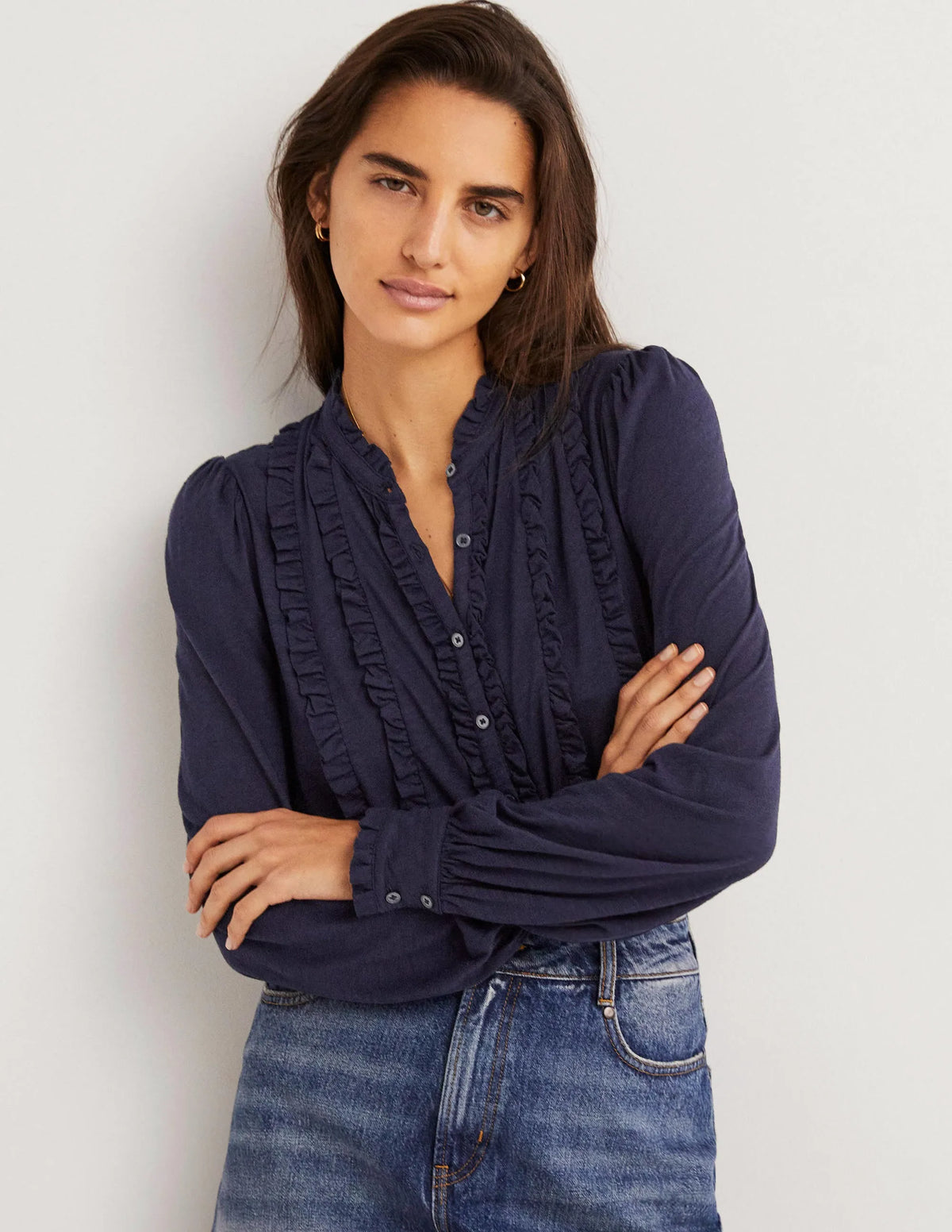 Ruffle Jersey Shirt-Navy