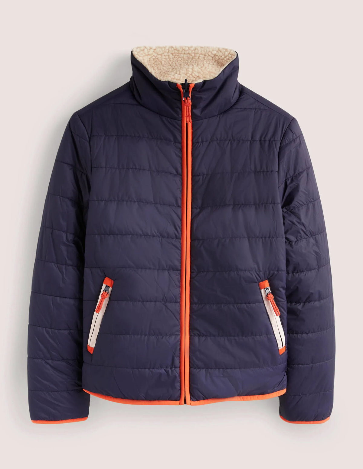 Reversible Borg Puffer Jacket-Navy and Tigerlily Red