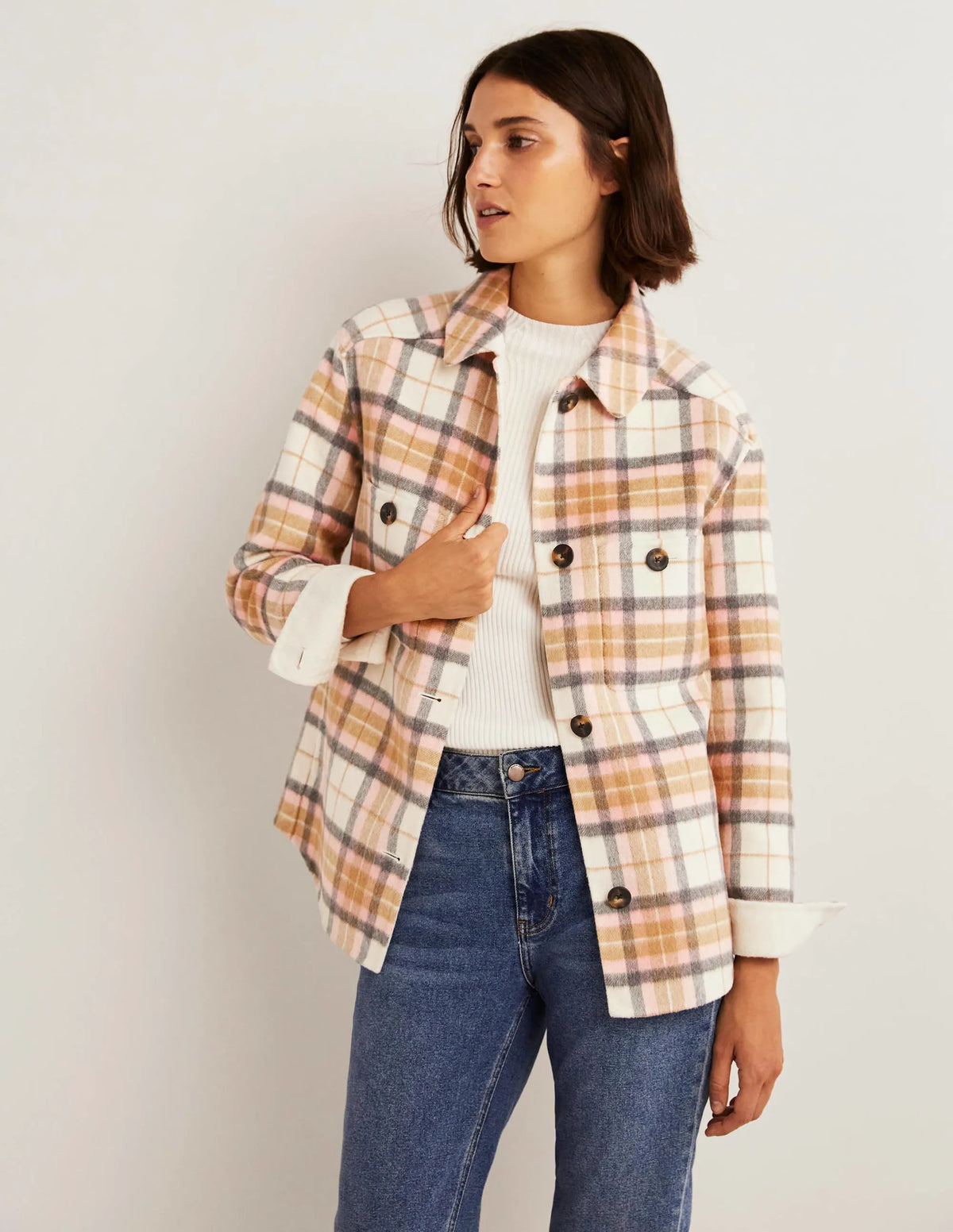 Relaxed Wool Overshirt-Oatmeal Melange and Pink Check