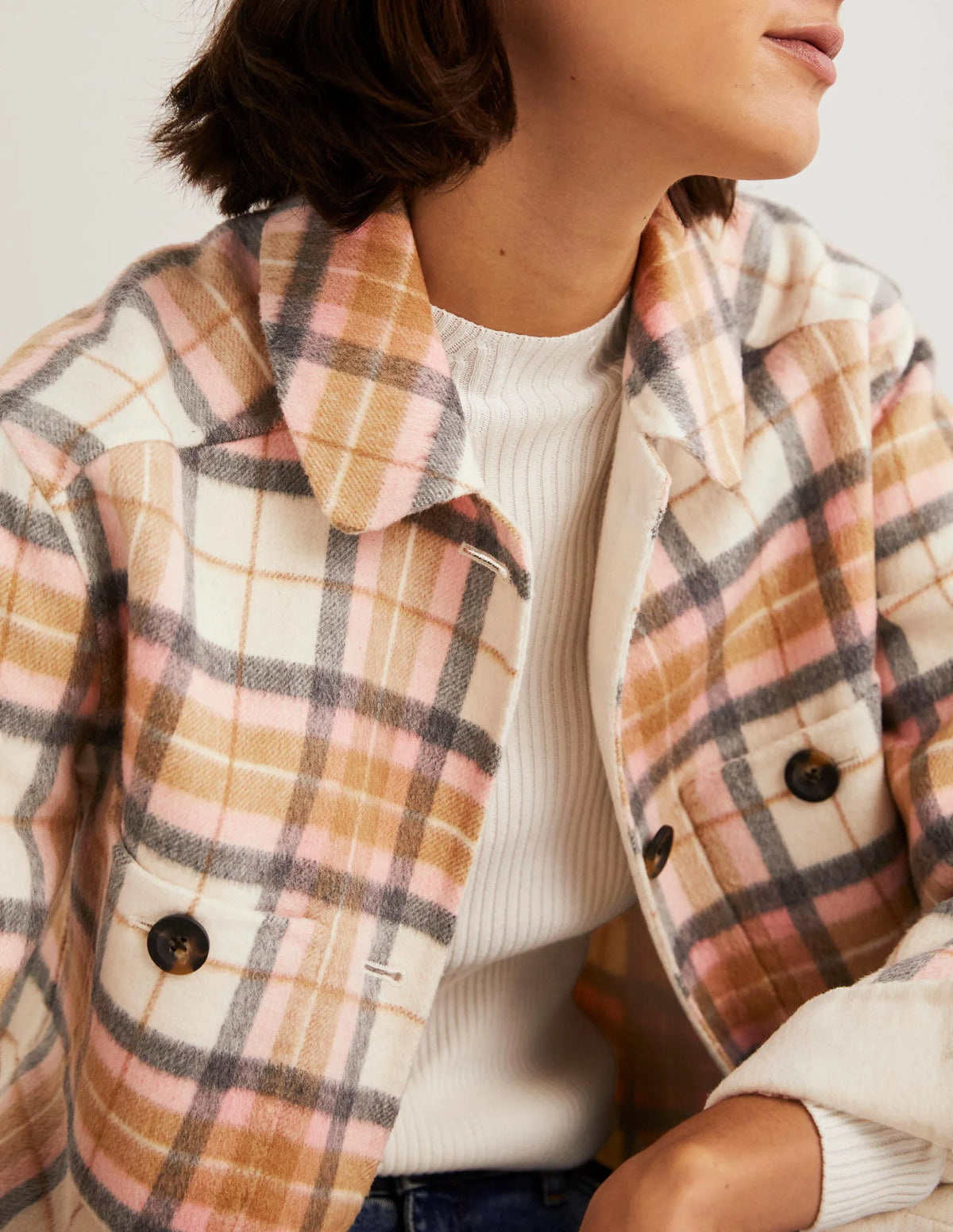 Relaxed Wool Overshirt-Oatmeal Melange and Pink Check