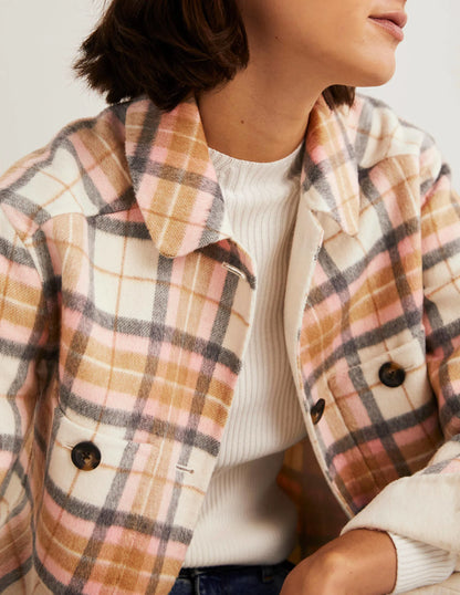 Relaxed Wool Overshirt-Oatmeal Melange and Pink Check