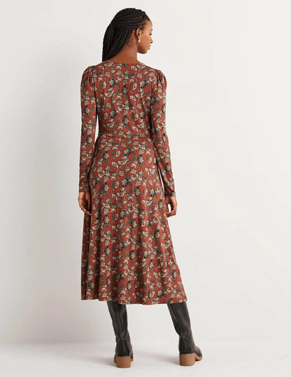 Crew Neck Jersey Midi Dress-Chili Oil, Paisley Whirl