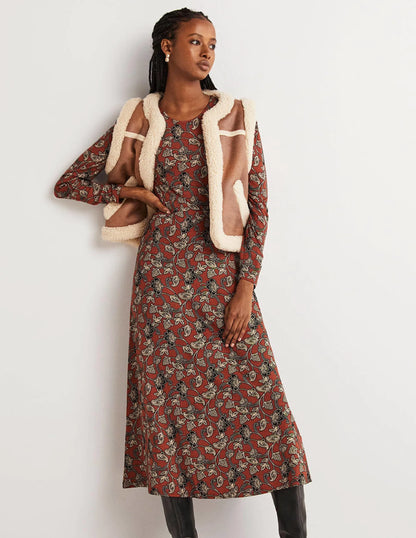Crew Neck Jersey Midi Dress-Chili Oil, Paisley Whirl