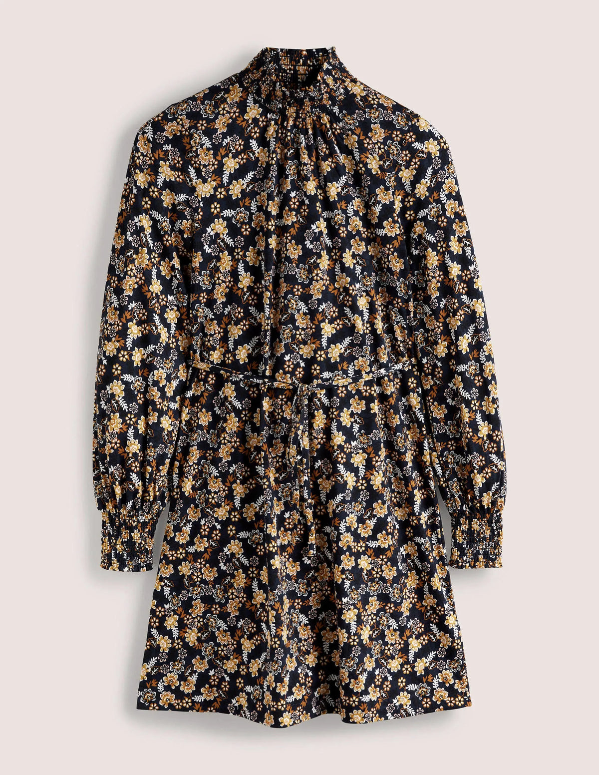 Navy Floral High-Neck Shift Dress-French Navy, Opulent Leaf
