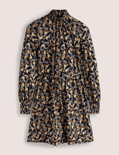 Navy Floral High-Neck Shift Dress-French Navy, Opulent Leaf