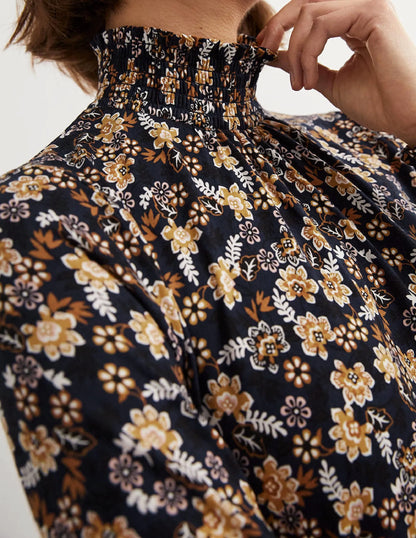 Navy Floral High-Neck Shift Dress-French Navy, Opulent Leaf