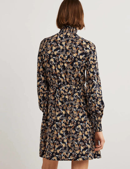 Navy Floral High-Neck Shift Dress-French Navy, Opulent Leaf