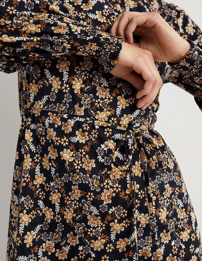 Navy Floral High-Neck Shift Dress-French Navy, Opulent Leaf