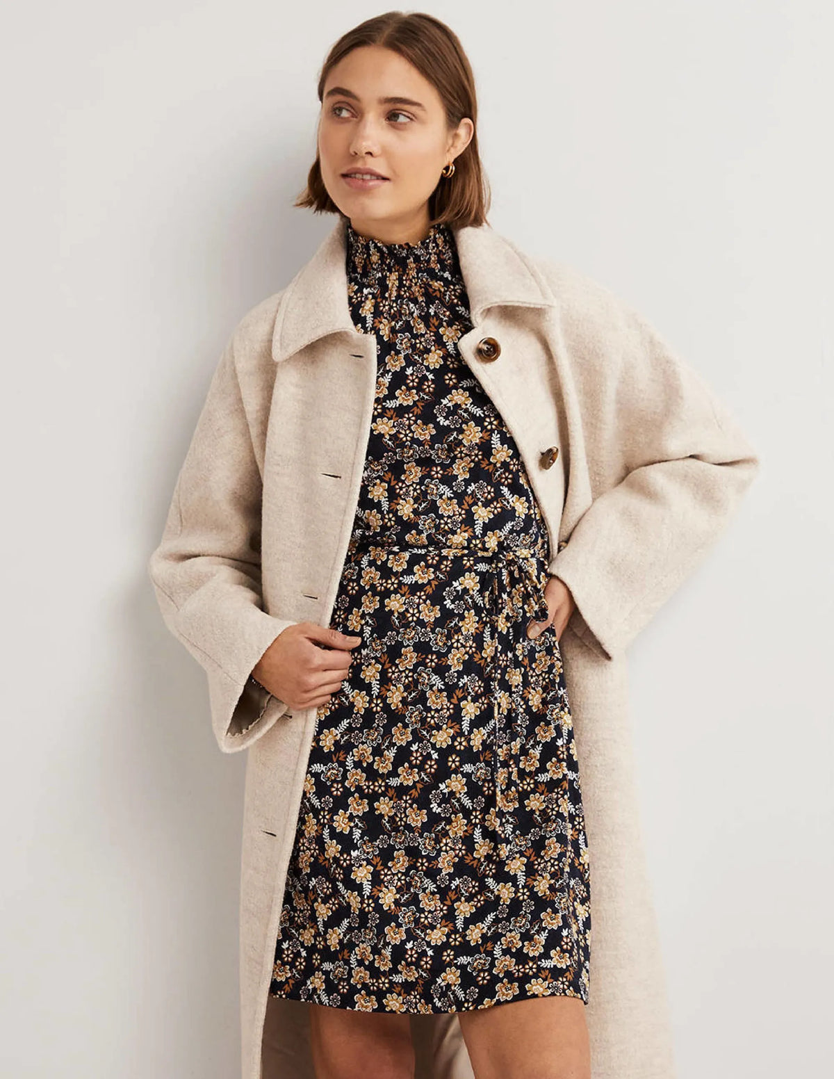 Navy Floral High-Neck Shift Dress-French Navy, Opulent Leaf