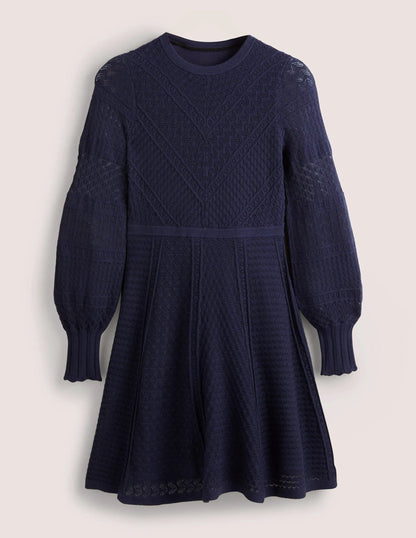 Pointelle Knitted Mini Dress-Night Blue