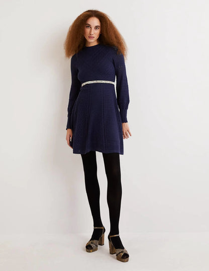 Pointelle Knitted Mini Dress-Night Blue