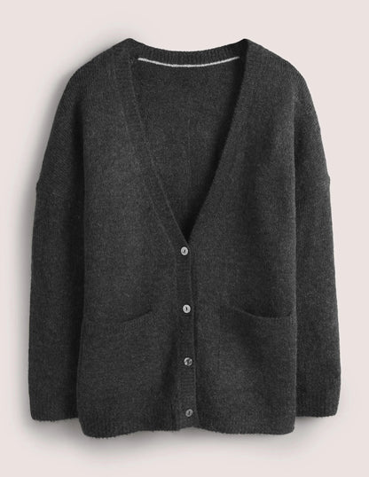 Long Fluffy Cardigan-Charcoal Melange