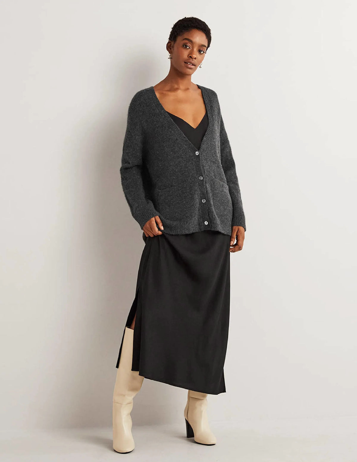 Long Fluffy Cardigan-Charcoal Melange