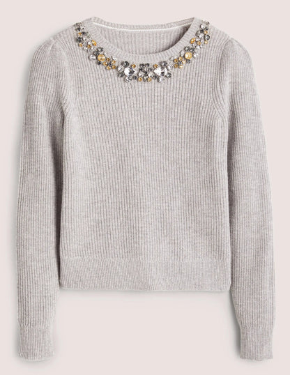 Embellished Stitch Sweater-Grey, Embellished Collar
