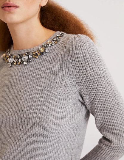Embellished Stitch Sweater-Grey, Embellished Collar