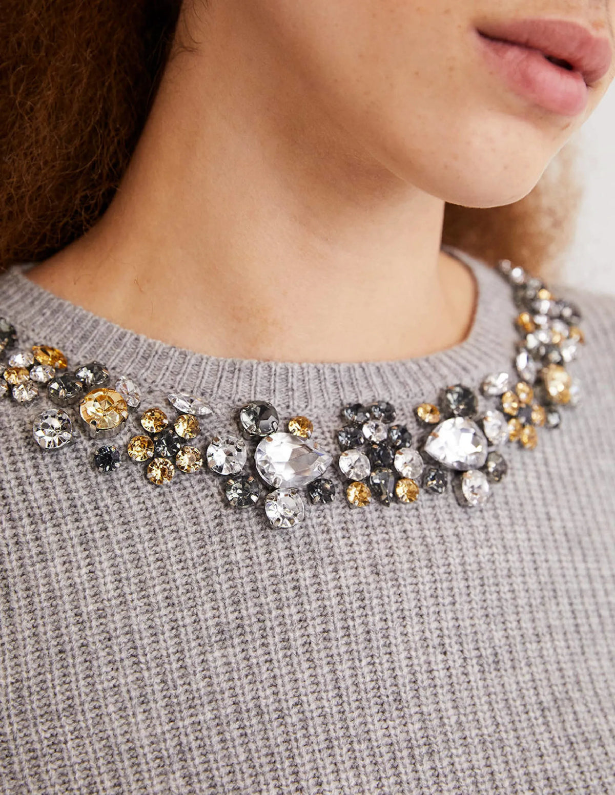 Embellished Stitch Sweater-Grey, Embellished Collar