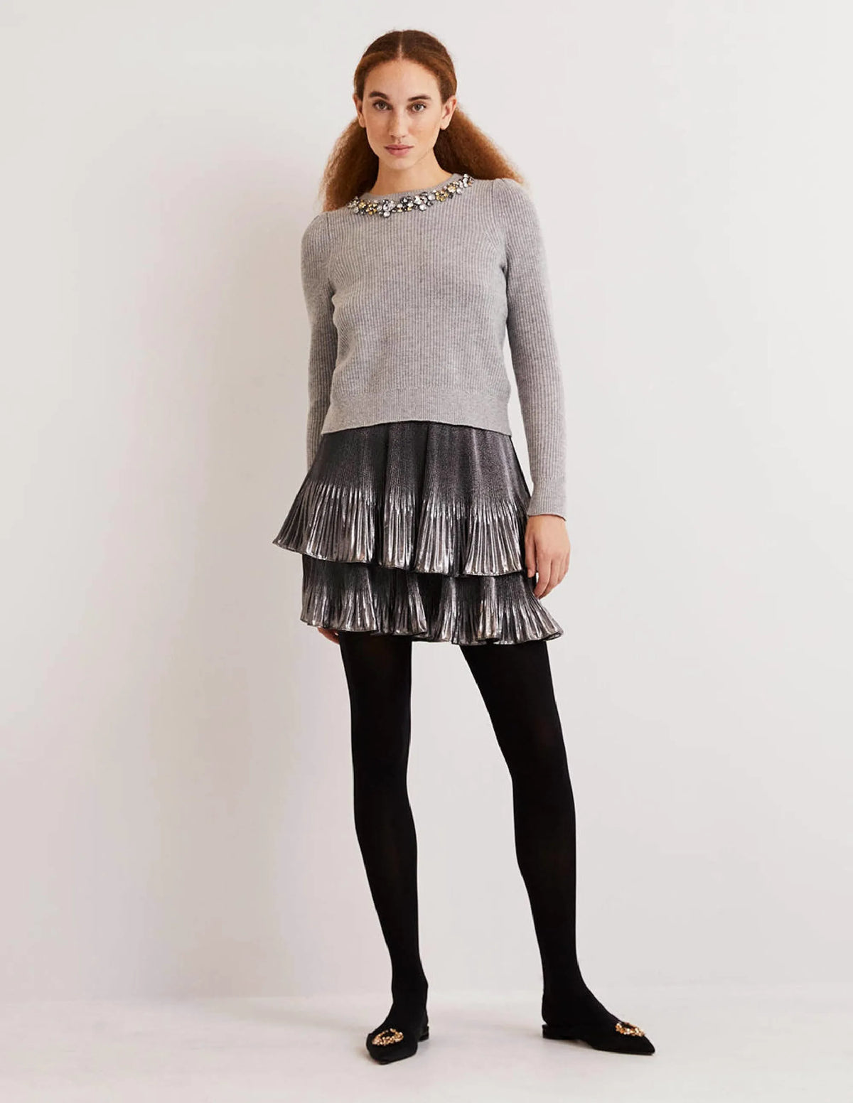 Embellished Stitch Sweater-Grey, Embellished Collar