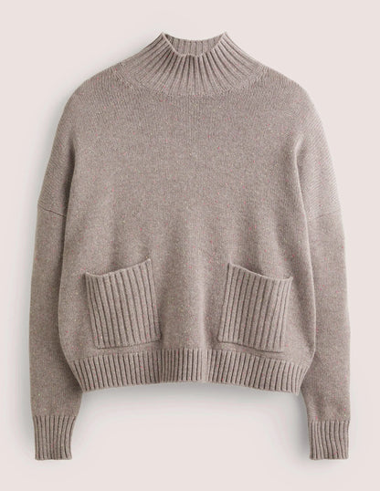 Cashmere High Neck Sweater-Grey, Multi Nep