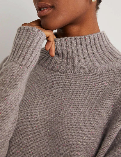 Cashmere High Neck Sweater-Grey, Multi Nep