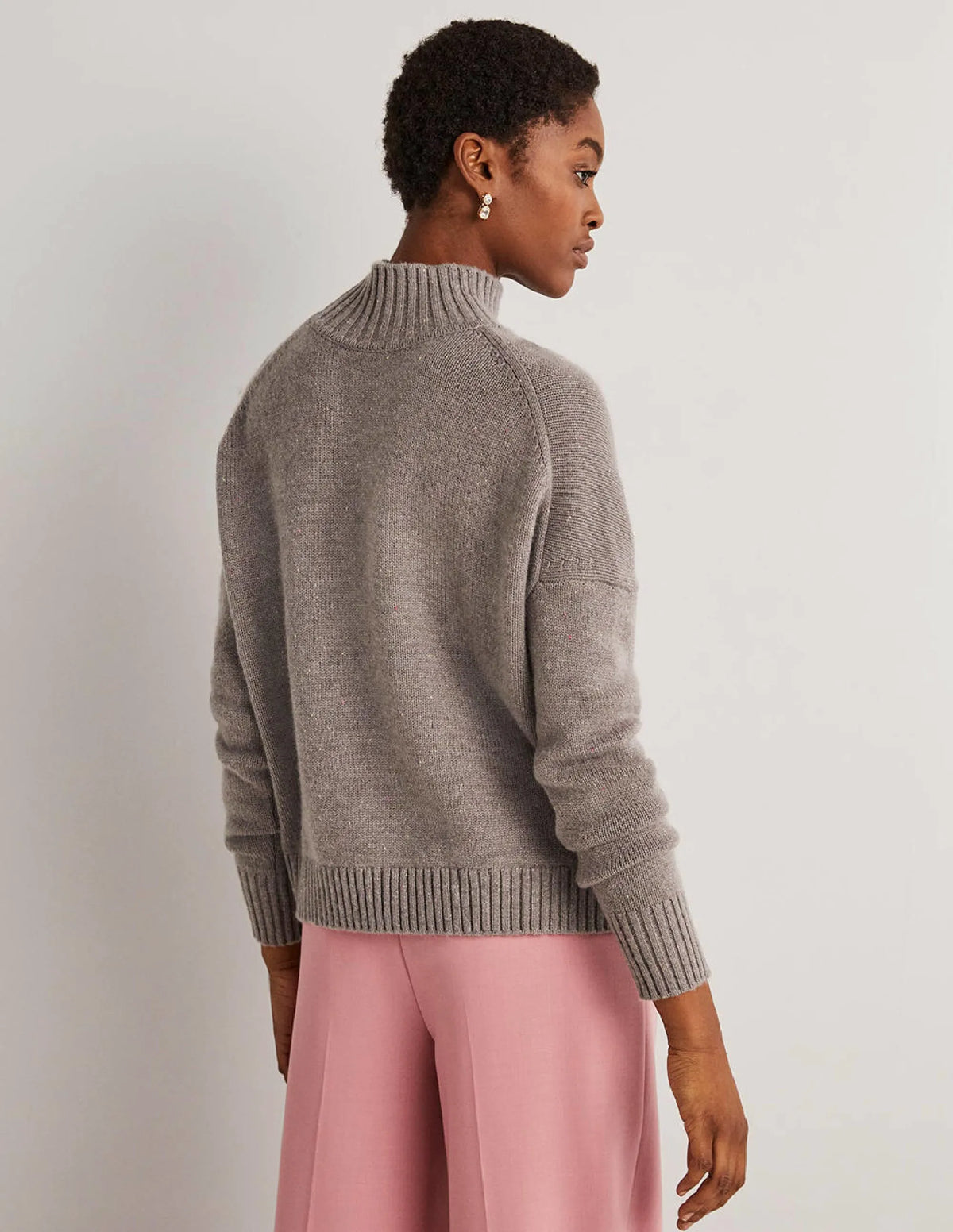 Cashmere High Neck Sweater-Grey, Multi Nep