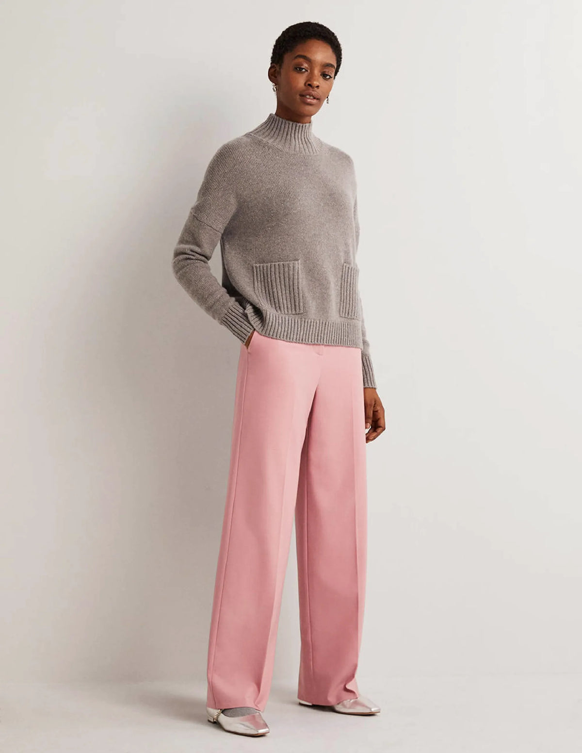 Cashmere High Neck Sweater-Grey, Multi Nep