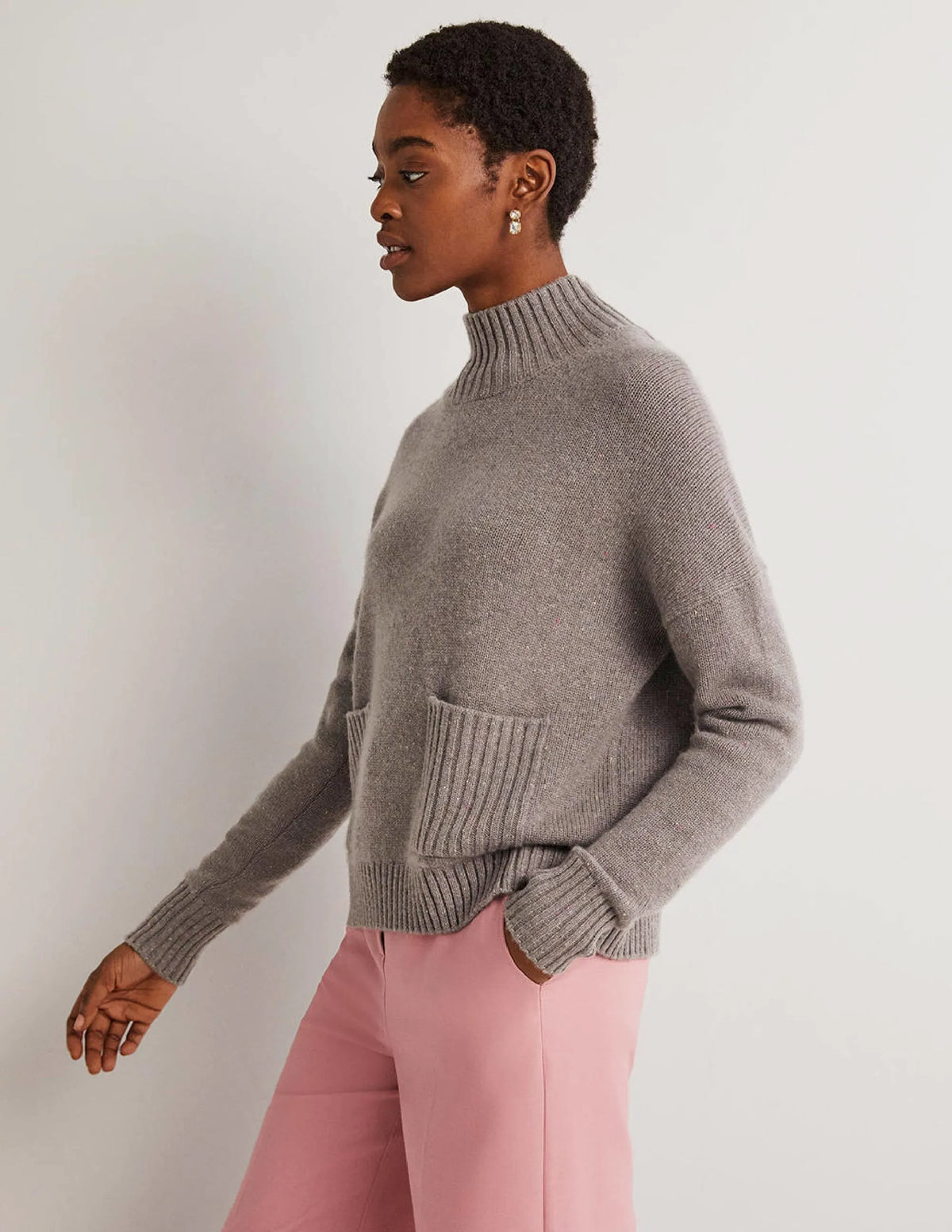 Cashmere High Neck Sweater-Grey, Multi Nep
